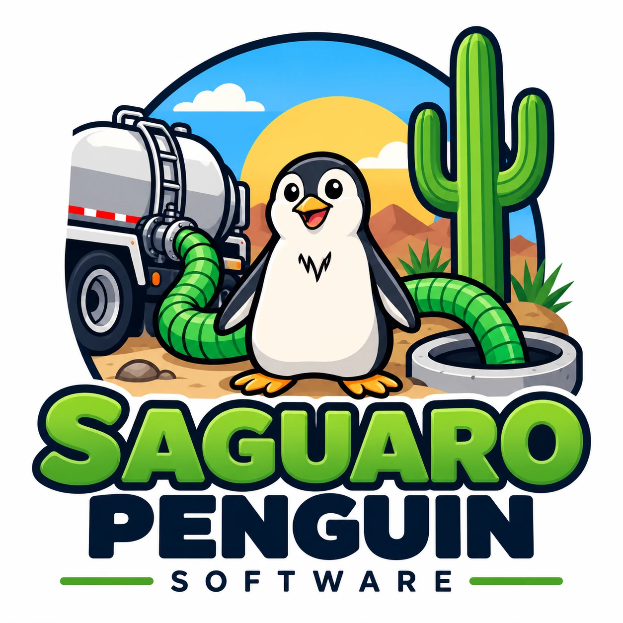 Saguaro Penguin mascot alongside a saguaro cactus and septic service truck